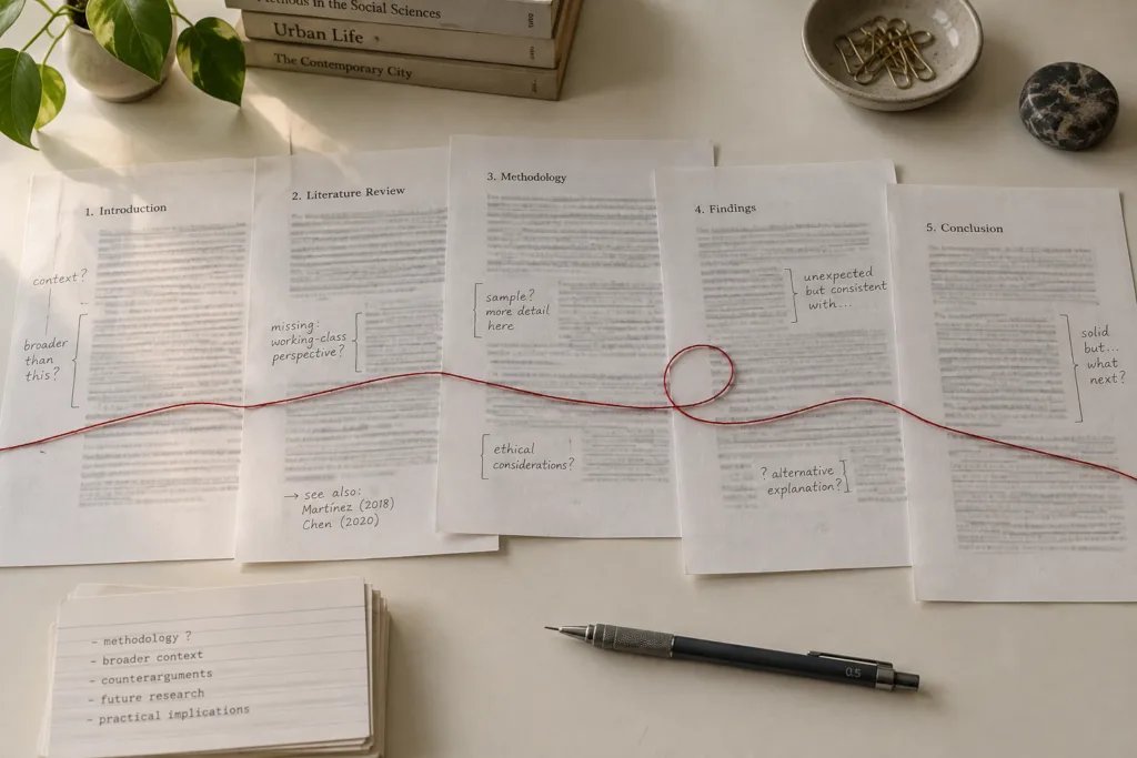 Fünf Transkriptseiten mit handschriftlichen Korrekturen liegen nebeneinander, verbunden durch einen roten Faden, der einmal zurückführt.