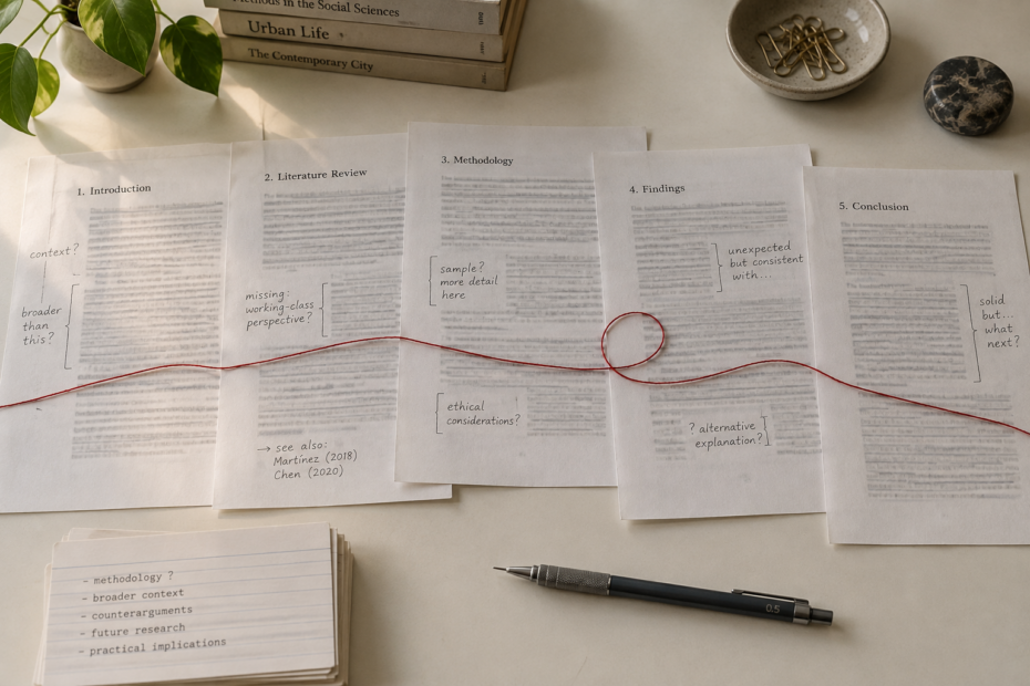 Fünf Transkriptseiten mit handschriftlichen Korrekturen liegen nebeneinander, verbunden durch einen roten Faden, der einmal zurückführt.